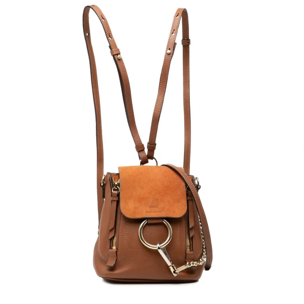 Chloe Faye Mini Backpack Tobacco Brown Suede Leather Gold Circle Hardware - Picture 14 of 15